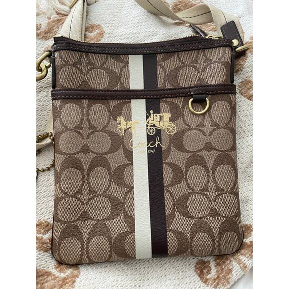 Coach Monogram Stripe Brown Crossbody Shoulder Bag Women's - Picture 1 of 11